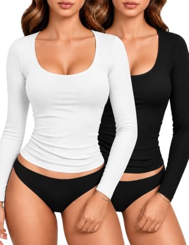 2 Piece Basic Long Sleeve Shirts Thermal Warm — Black&White L