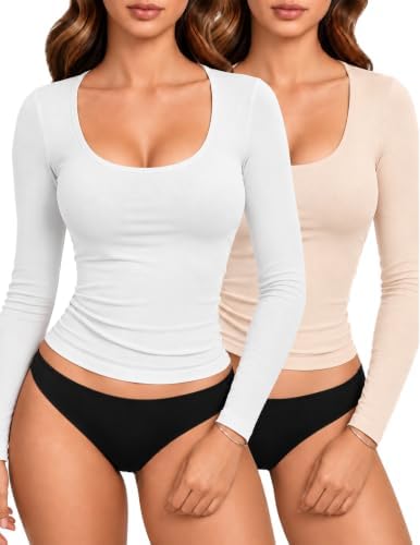 2 Piece Basic Long Sleeve Shirts Thermal Warm — White&Apricot L
