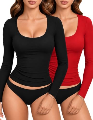 2 Piece Basic Long Sleeve Shirts Thermal Warm — Black&Red L