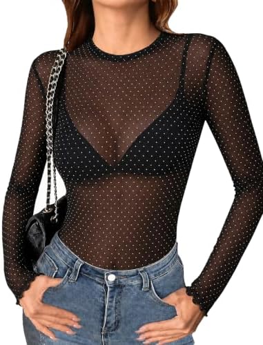 Mesh Top Long Sleeve Round Neck Mesh Shirt — Glitter XL
