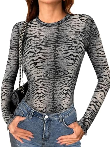Mesh Top Long Sleeve Round Neck Mesh Shirt — Print L