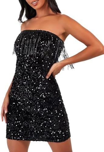 Mini Strapless Dress Sequin Strappy Bodycon — Black S