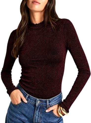 Ruffle Sparkly Shiny Tops Turtle Neck Shirts — Red L