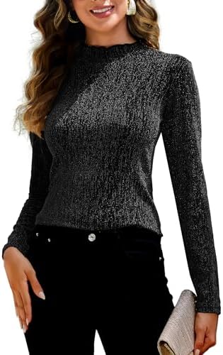 Ruffle Sparkly Shiny Turtle Neck Shirts Long — M Black