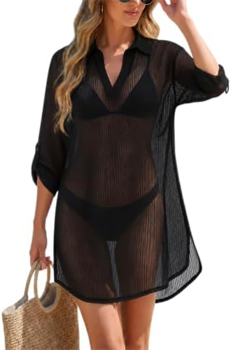 Sheer Swimsuit Cover Up Shirt V Neck Beach — Black L