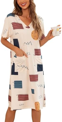 V Neck Nightgowns Short Sleeve Loose — Block Apricot