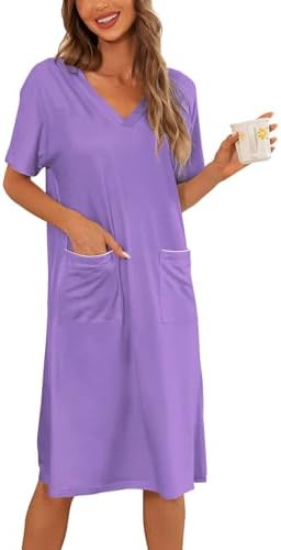 V Neck Nightgowns Short Sleeve Nighwear with — Orchid M